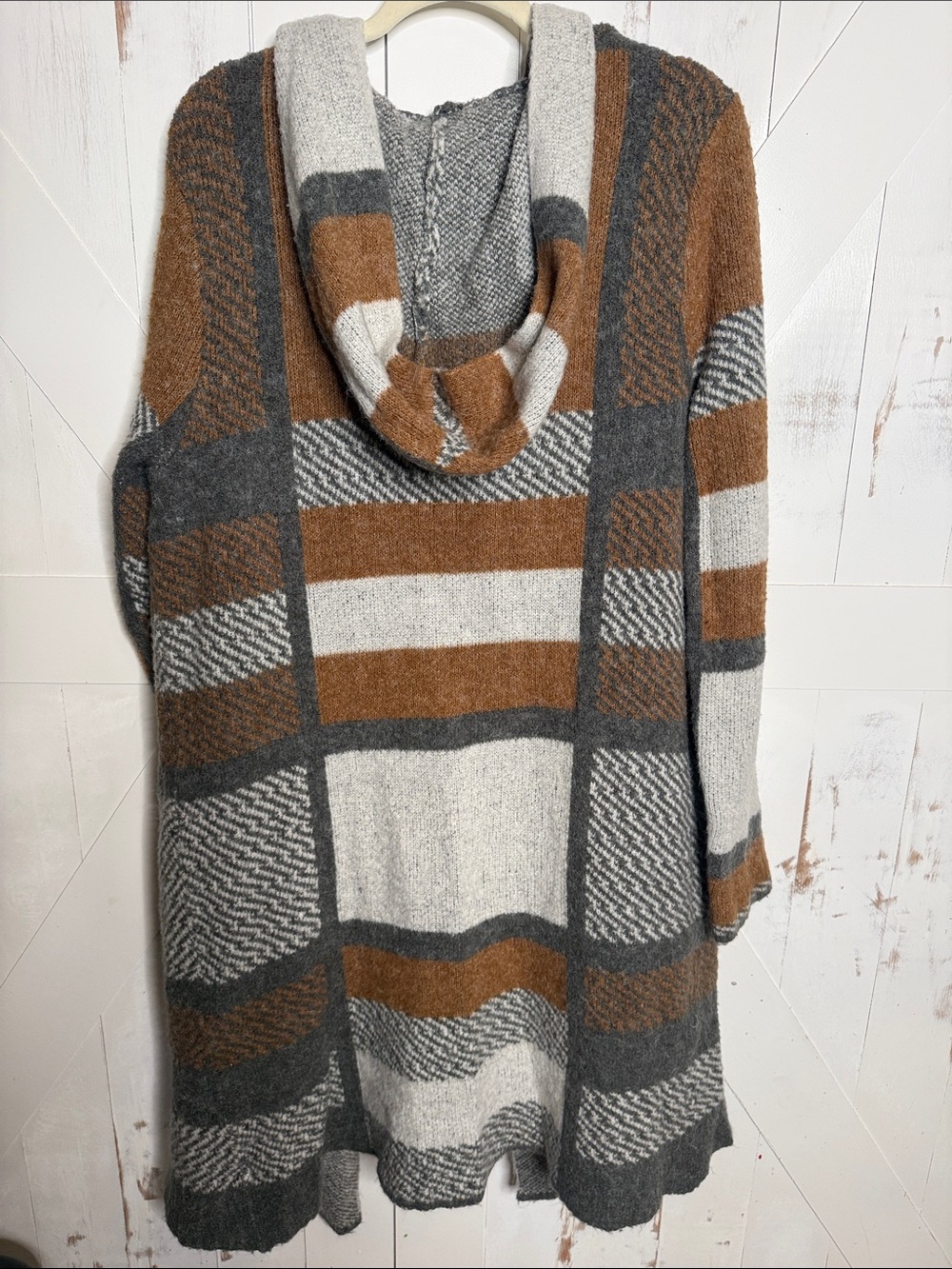 Natural Reflections Hooded Open-Front Cardigan in Brown, Gray & Cream - Picture 7 of 13